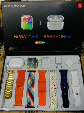 i30 Pro Max Smart Watch Series 9 | 11‑in‑1 Set | With Earbuds, Adapter, Wireless Charger & Cover | 2.3" HD Ultra | Random Colour